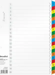 Cardboard divider sheets Biurfol A4 numeric 1–20, pack for document separation