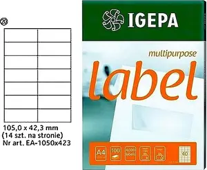 Etiķetes Igepa A4 105 x 42,3 mm baltas, 100 gab. iepakojumā