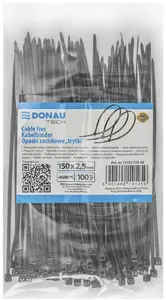 Kabeļu saites Donau Tech 150 x 2,5 mm, 100 gab., temperatūra -40…80 °C, melnas