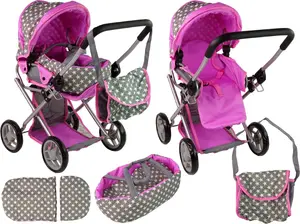 Leļļu rati Alice 2‑in‑1 ar somu, pelēki-rozā ar zvaigznītēm