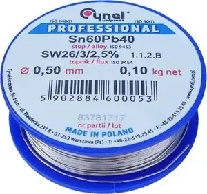 Metināšanas stieple Mojeledy Cyna 0,50 mm 100 g Sn60Pb40 ar 2,5% flux (SW26/3/2.5%)