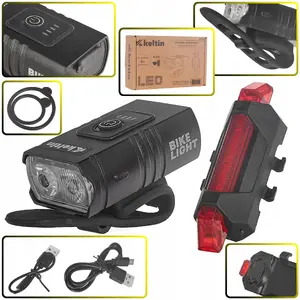 Ūdensizturīgs velosipēda USB apgaismojuma komplekts Keltin – priekšējais 800 lm 900 mAh, aizmugurējais 120 lm 120 mAh (IPX4)