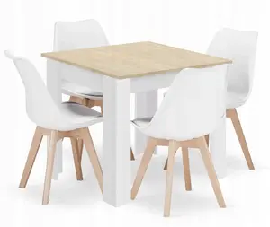 Ēdamistabas komplekts LEOBERT: kvadrāta galds 80×80 cm ozols sonoma ar 4 MARK baltām krēsliem