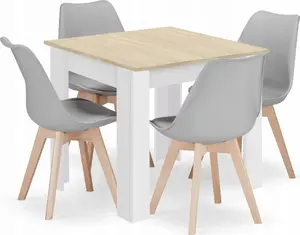 Ēdamistabas komplekts LEOBERT: kvadrāta galds 80x80 cm Sonoma ozols ar 4 MARK pelēkiem krēsliem
