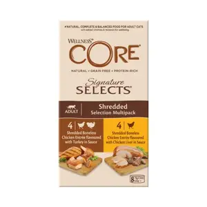 Purina Wellness CORE Signature Selects Shredded Selection Multipack — pieaugušiem kaķiem, vistas garša, 79 g, bez graudiem