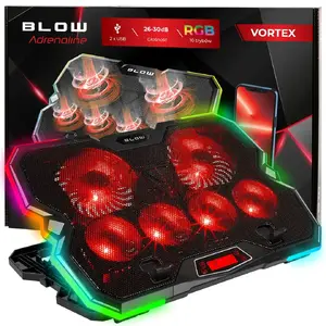 Laptop cooling pad BLOW 6 FAN VORTEX RGB — 6 fans, up to 650 RPM, USB-powered, fits up to 15.3" screens, RGB illumination, ABS/metal, 390×265×35 mm