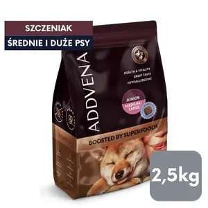 Sausais barības veids kucēniem ADDVENA BOOSTED BY SUPERFOODS vidējām un lielām šķirnēm 2,5 kg