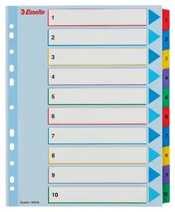 Index tabs ESSELTE 1–10 Re-writable Mylar A4+ numeric cardboard tabs, 245×297 mm, 10 pcs