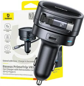Car Charger Baseus PrimeTrip VR1 60W with USB-A and USB-C, retractable USB-C cable, black