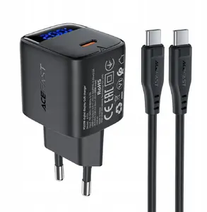 Charger Acefast A113 GaN PD 20W USB-C with display and USB-C cable — black