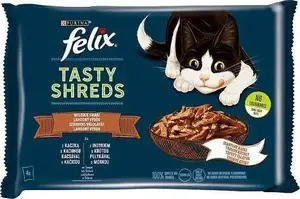 Mitrā kaķu barība Felix TASTY SHREDS 4x80g Pīle un Tītars mērcē, komplekts (4×80 g)