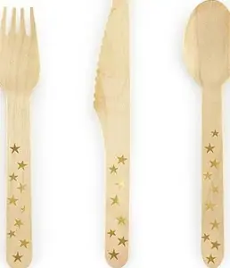 Wooden Cutlery PartyDeco 16 cm, gold star pattern, pack of 18, disposable wooden forks and spoons