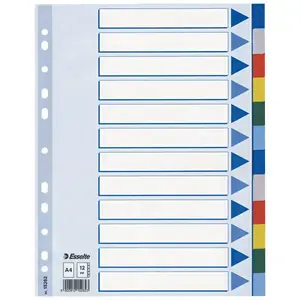 Divider PP A4 12 Tabs ESSELTE – PVC multicolour, 225×297 mm, blank tabs