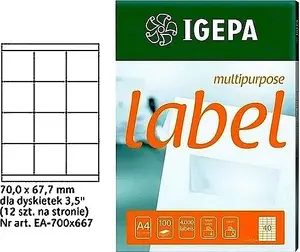 Etiķešu lapas Mondi ETYKIETY A4 IGEPA 70.0 x 67.7 mm baltas — 100 gab.
