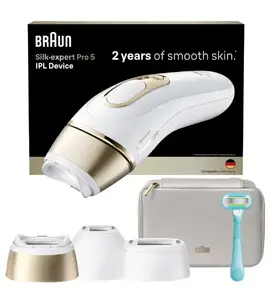 Аппарат для удаления волос IPL BRAUN Silk‑expert Pro 5 — импульсный свет, окно 70 мм, питание AC 100–240V, бело‑золотой
