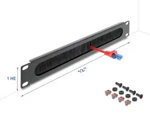 Brush strip 12" 1U DELOCK metal housing dark grey for rack cable management