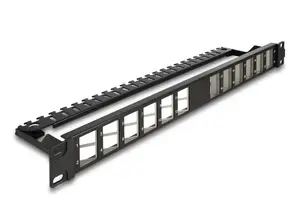 DELOCK 19" Keystone Patch Panel 24-port angled with strain relief, 1U, black, 482.6×125.5×44.2 mm