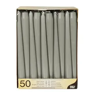 Vaska svece Papstar 84805 — apaļa, pelēka, augstums 250 mm, diametrs 2.2 cm, degšanas laiks 7 h, 50 gab.
