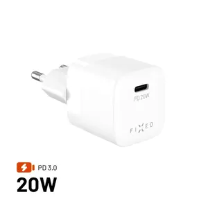 Портативное дорожное зарядное устройство FIXED USB-C 20W, 1× USB-C, 100–240 В, белое