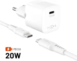Зарядное устройство FIXED Mini сетевое с выходом USB-C и кабелем USB-C–USB-C 1,2 м, 20 Вт, белое