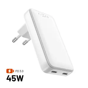 FIXED Slim 2xUSB-C Travel Charger GaN PD 45W, 2-port, white