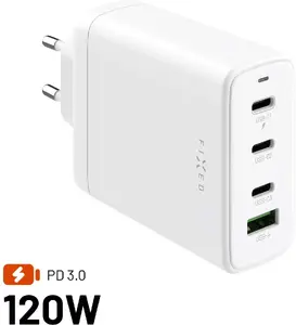 Сетевое зарядное FIXED FIXCG120-3C1A-WH — GaN 120W, 3× USB-C PD 3.0 + 1× USB-A, белое