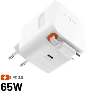 FIXED GaNFIXEDs2xUSB-C 65W PD 3.0 sienas lādētājs ar pašatsitamo kabeli, balts