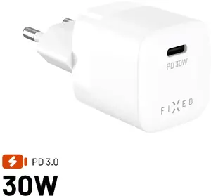 Сетевое зарядное устройство FIXED FIXCG30M-C-WH, GaN, 30 Вт, USB-C PD, компактное белое