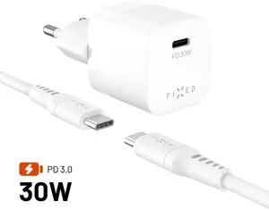 Сетевой зарядный набор FIXED GaN Mini с USB-C выходом и кабелем USB-C/USB-C 1,2 м, 30 Вт, белый