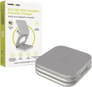Pārnēsājama 3‑1 Qi2 25W salokāma lādētāja MOBILE ORIGIN PW36 — MagSafe saderīga, UltraSlim, sudraba