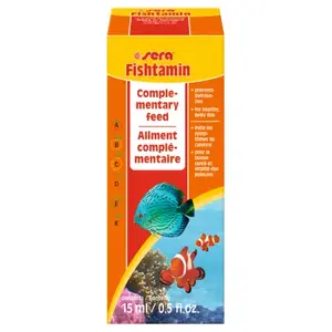 Жидкая витаминная добавка для аквариумных рыб sera Fishtamin — витамины A, B1, B2, B6, B9, B12, D3, C, E; A 545000 IU/kg, C 55000 mg/kg, E 4700 mg/kg