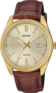 Rokaspulkstenis CASIO MTP-1302PGL-9AVEF — vīriešu analogais, brūns ādas siksniņa, zelta tonis korpuss