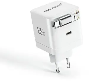 GaN Charger 65W by RealPower, 65 Watt, Dual USB-C ports, white