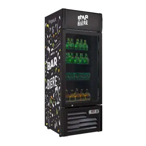Frigelux Beer bar cooler model BAB259N with themed "Bar Biere" design, automatic defrost, self-closing door, lock, adjustable feet