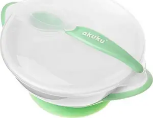 akuku bļodiņa ar piesūcekni, karote un vāciņš AKUKU-3861 — plastmasas barošanas komplekts