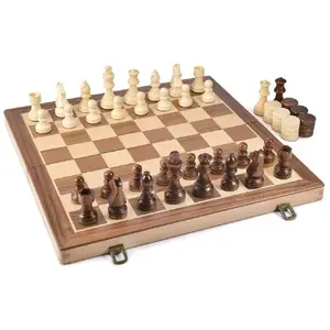 Koka magnētiska šaha un dambretes komplekts THOMS Gold Knight 2‑1, dēlis 15″, pārnēsājams