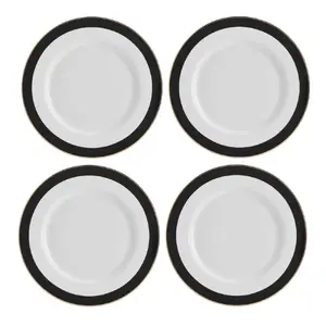 Porcelāna pusdienu šķīvji 27,5 cm, Mikasa Luxe Deco, komplekts 4 gab., balts/melns ar zelta maliņu