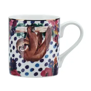 Porcelain Mug Mikasa Wild at Heart Sloth 280 ml with Blue Dot Pattern and Gold Accent