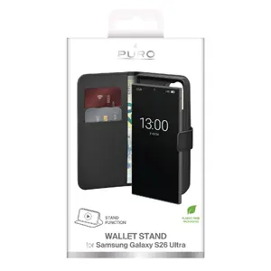 PURO maciņa tipa vāciņš Samsung S26 Ultra 6.9" (17,5 cm) — PU/PC melns, 2 kartes kabatas, statīvs
