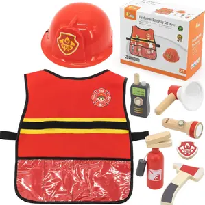 Mazā ugunsdzēsēja komplekts: vestes un koka aksesuāri, Viga Toys 6212 — 8 daļas