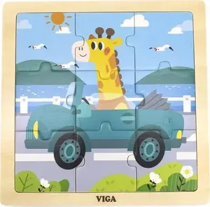 Koka rokas puzle Viga Toys «Žirafe mašīnā» — 9 detaļas, pārnēsājama izglītojoša rotaļlieta