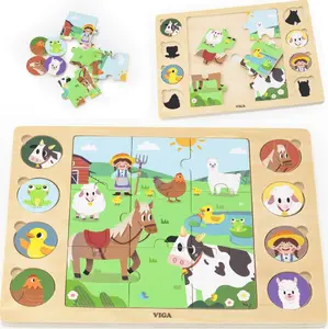 Wooden Shadow Matching Puzzle Viga Toys — Farm Theme, 17 Pieces