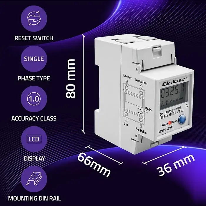 QOLTEC vienfāzes enerģijas skaitītājs DIN 230 V Photo 2