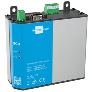 LAN router INSYS icom SCR‑E300, DIN‑rail/wall mount, SMA antenna connector, 10/100 Mbps, 12–24 V