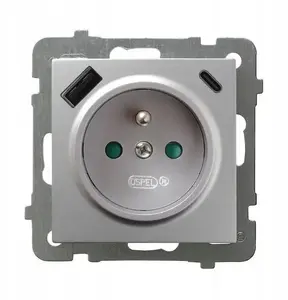 Ospel GP-1GZPUSBAC/m/18 single grounded wall socket with shuttered contacts and USB A+C ports, silver
