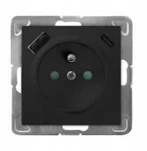 Розетка Ospel Impresja GP-1YZPUSBAC/m/33 одинарная с заземлением, защитными шторками, зарядкой USB A+C, 250V 16A, IP20, черный металлик