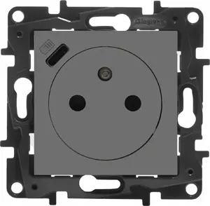 USB-C модуль Legrand Niloe Step 863438 — одинарная розетка с заземлением и шторками, зарядное USB-C 1,5A, стальной