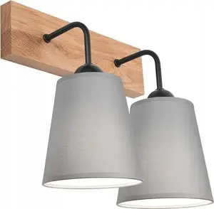 Sienas lampa LAMKUR Lula 47683 — boho koka sienas sconce ar auduma abažūriem, 2×60W E27, pelēka/koks
