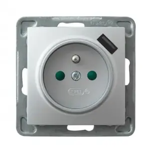 Sienas kontaktligzda Ospel GP-1YZPUSB/m/18 ar USB, 16 A, IP20, sudraba, 73×73×50 mm