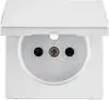 Plate with self-closing cover and contact shutters for grounded socket, Hager 3965436089, white satin